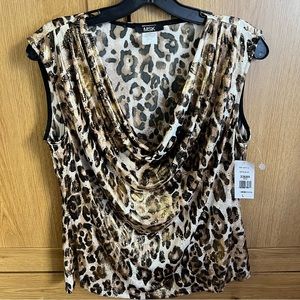 MSK Gold sparkle cowl neck cheetah print stretchy blouse top BNWT